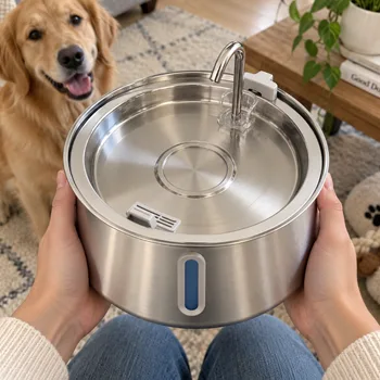 Owner holding a cordless stainless steel water fountain for dogs, golden retriever in the background