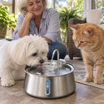 Small white dog drinking from a stainless steel water fountain while a cat waits