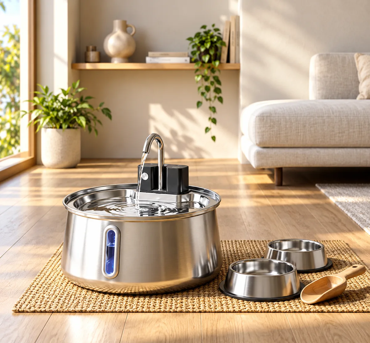 Stainless steel dog water fountain with flowing water next to regular dog bowls