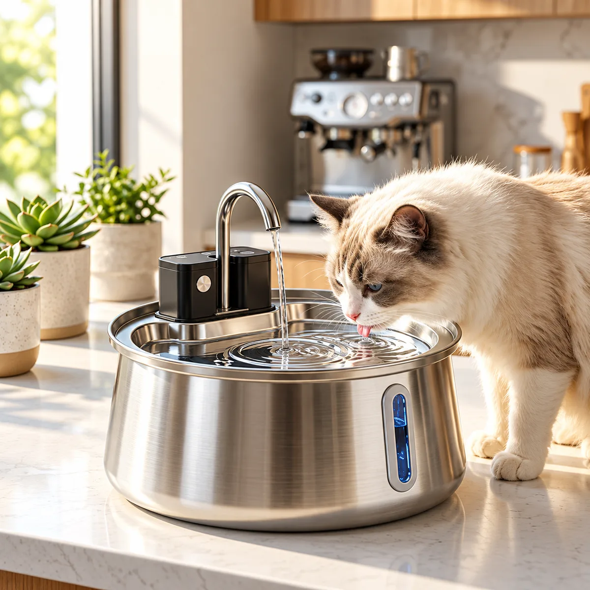 Cat drinking from the faucet stream of a stainless steel pet water fountain
